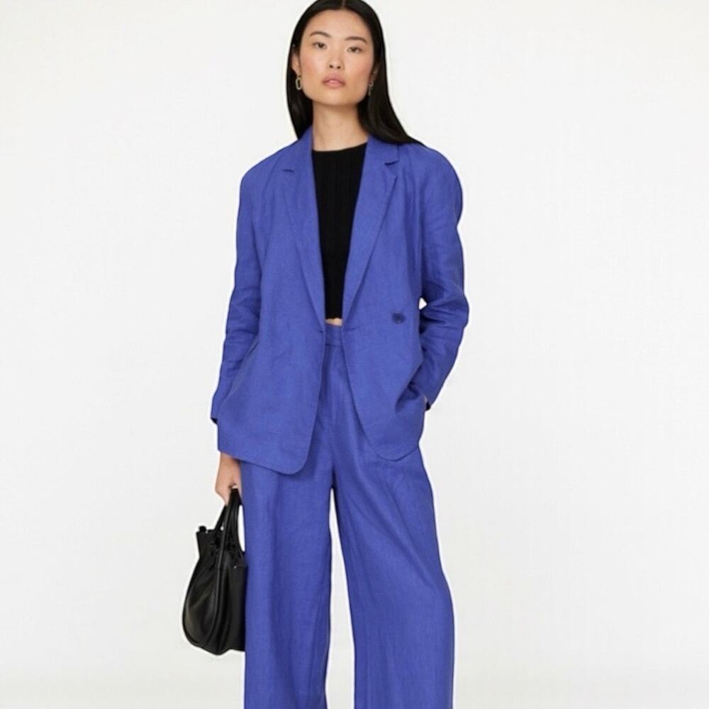 Madewell Blue Linen XS Double-Breasted Oversized Blazer Jacket - Picture 2 of 16